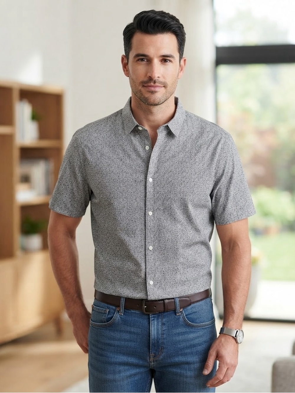 Men's Short-Sleeve Gray Patterned Button-Up Shirt